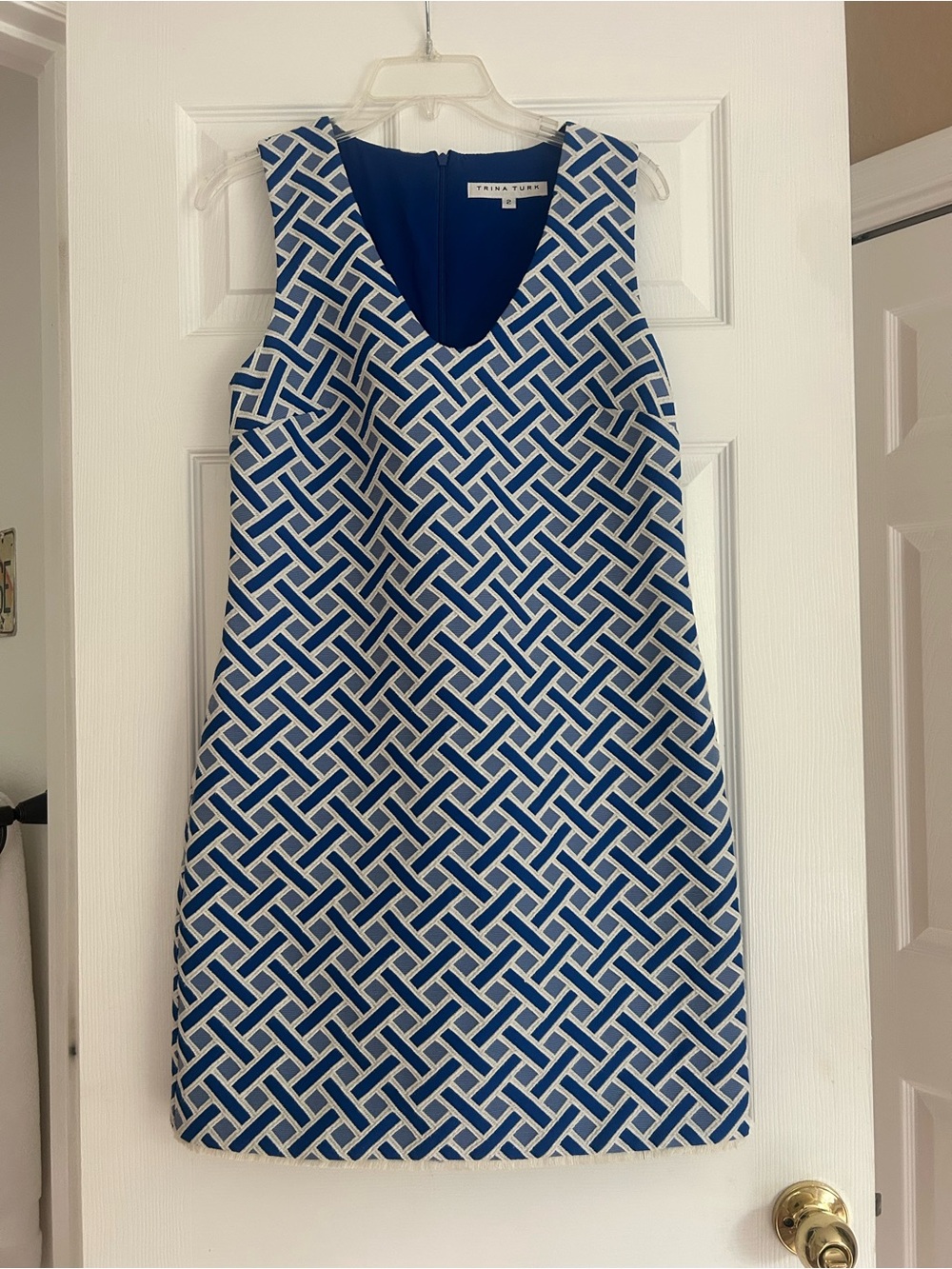 Trina Turk Blue & White Geometric V-Neck Shift Dress